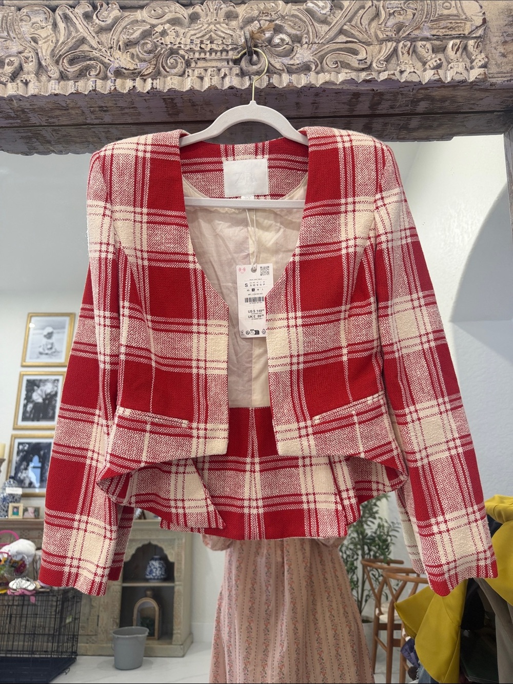 NWT Zara Red and Cream Plaid Open-Front Tweed Blazer